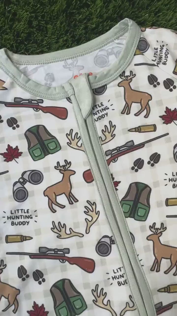 Deer Hunter Baby Pajamas: Bamboo Zip Up Sleeper for Little Hunting Buddies.